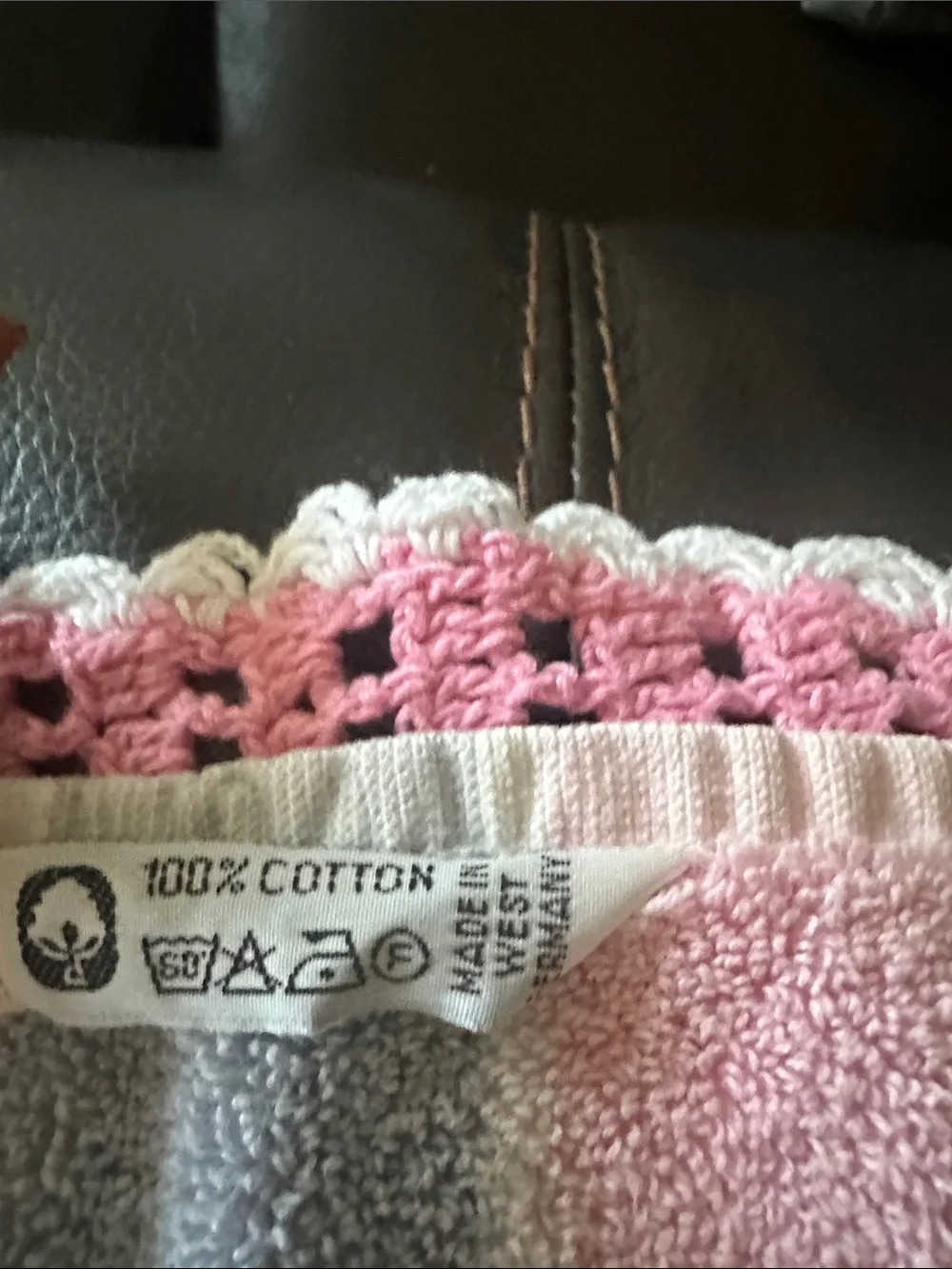 Pink and Gray Check Crochet-Trim Hand Towel